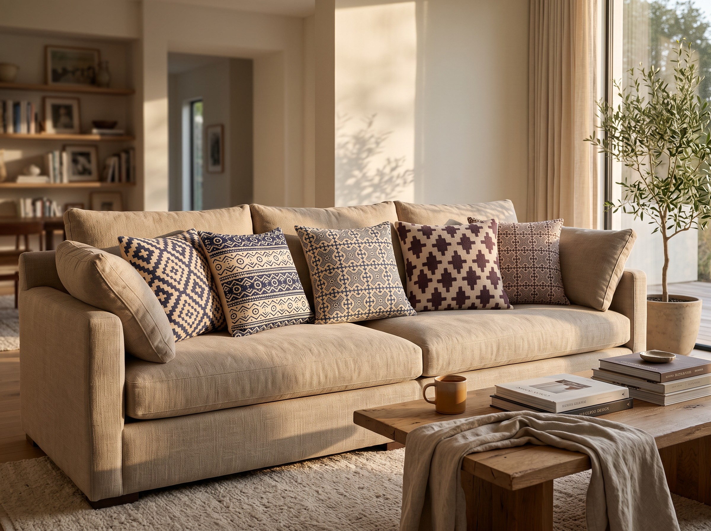 AUREN cushion covers styled on a sofa in a warm living room