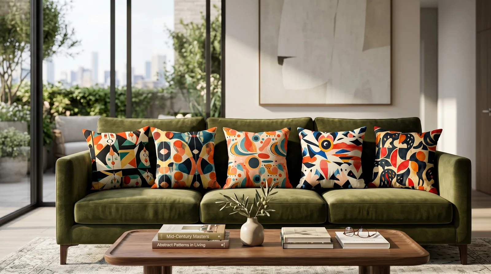 Colorful geometric cushion designs on a green sofa