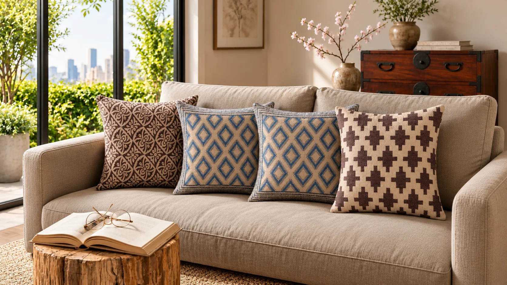 Warm neutral living room with four textured patterned cushions