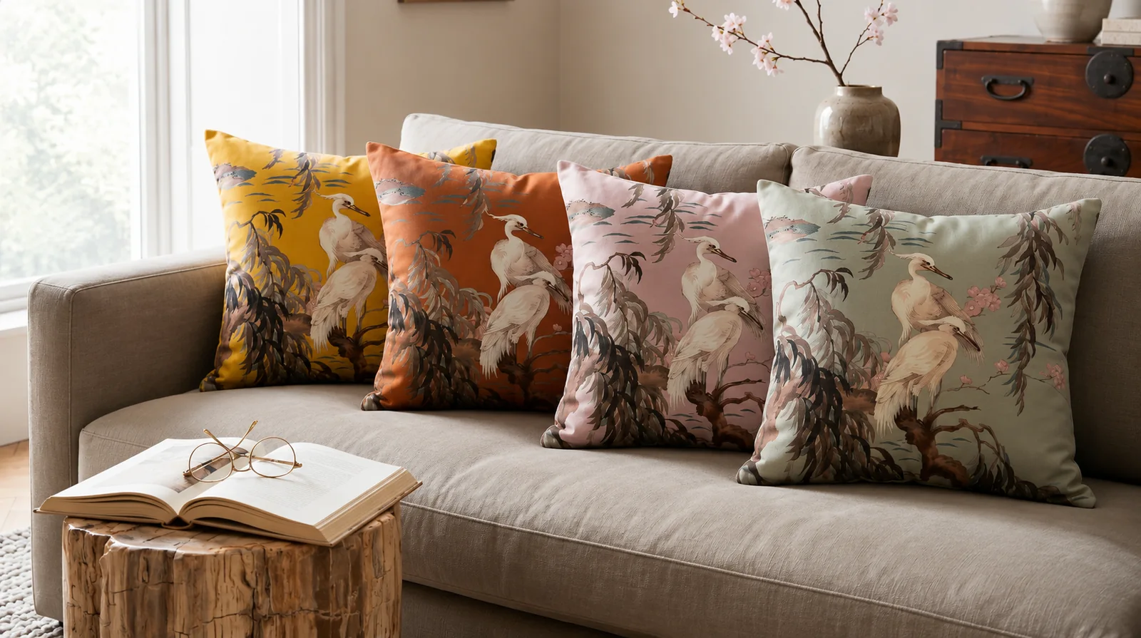 Four Auren cushion designs styled together on a sofa