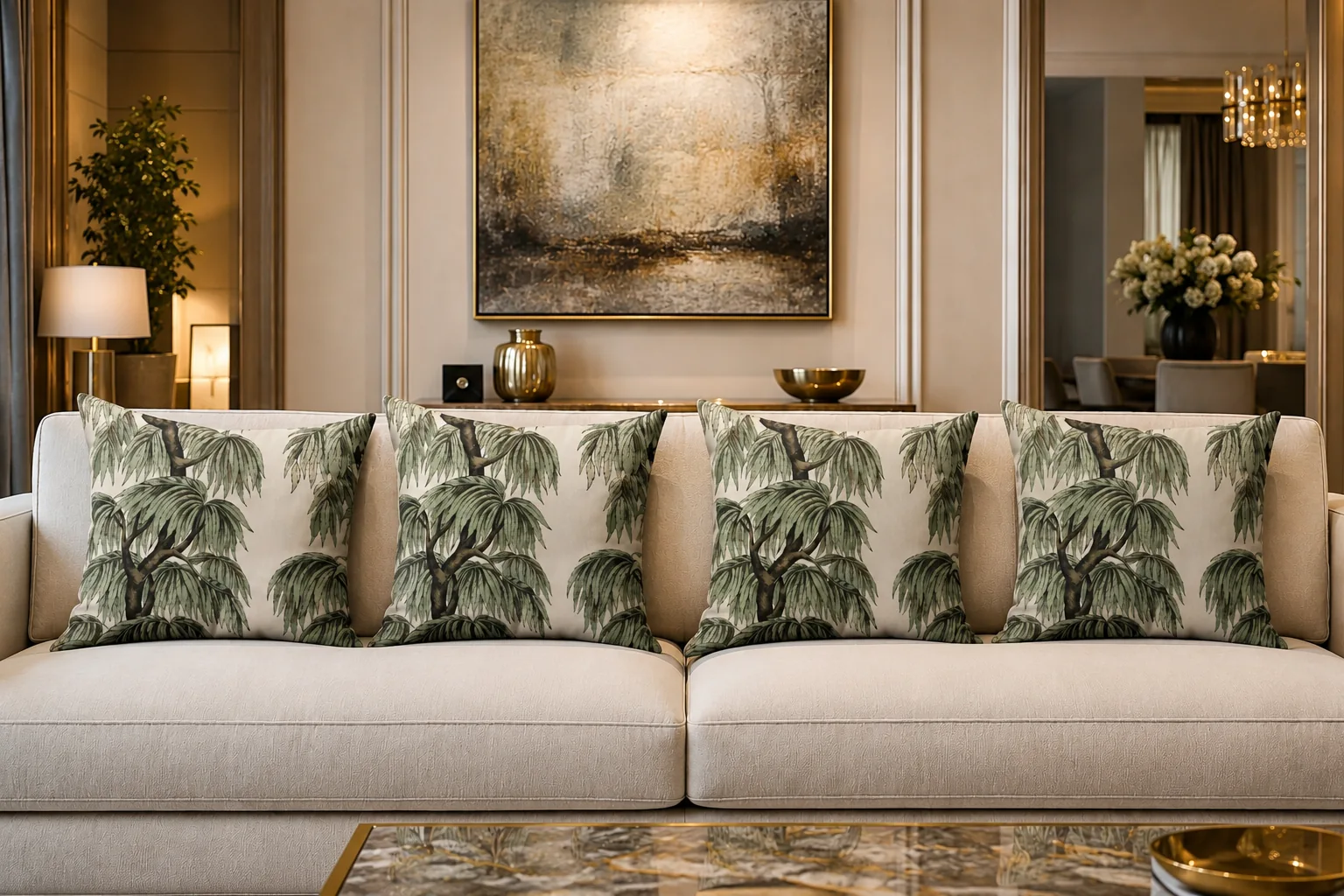 A row of botanical print cushions styled on a cream sofa